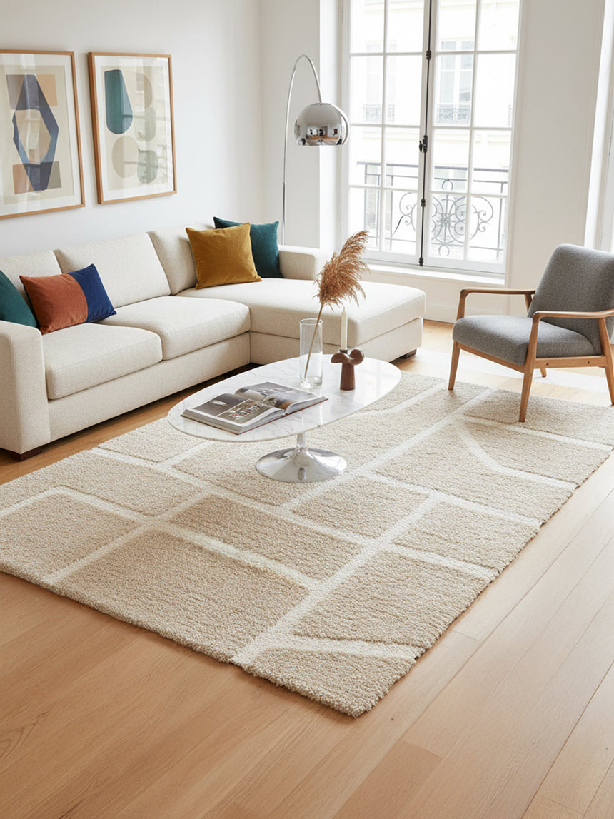 Soft, thick, embossed rug in recycled polyester MURMURE