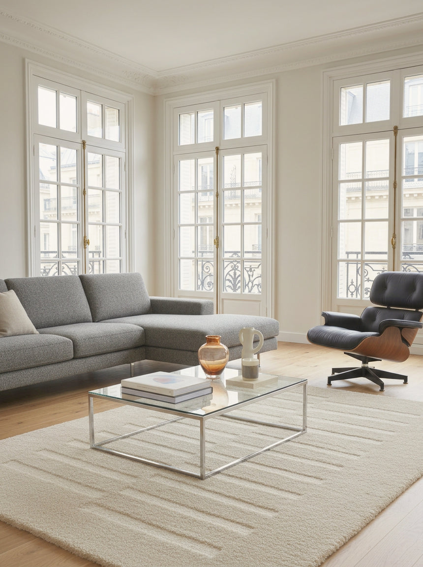 Soft and thick recycled polyester rug with embossed effect MEDIUM TRAFFIC