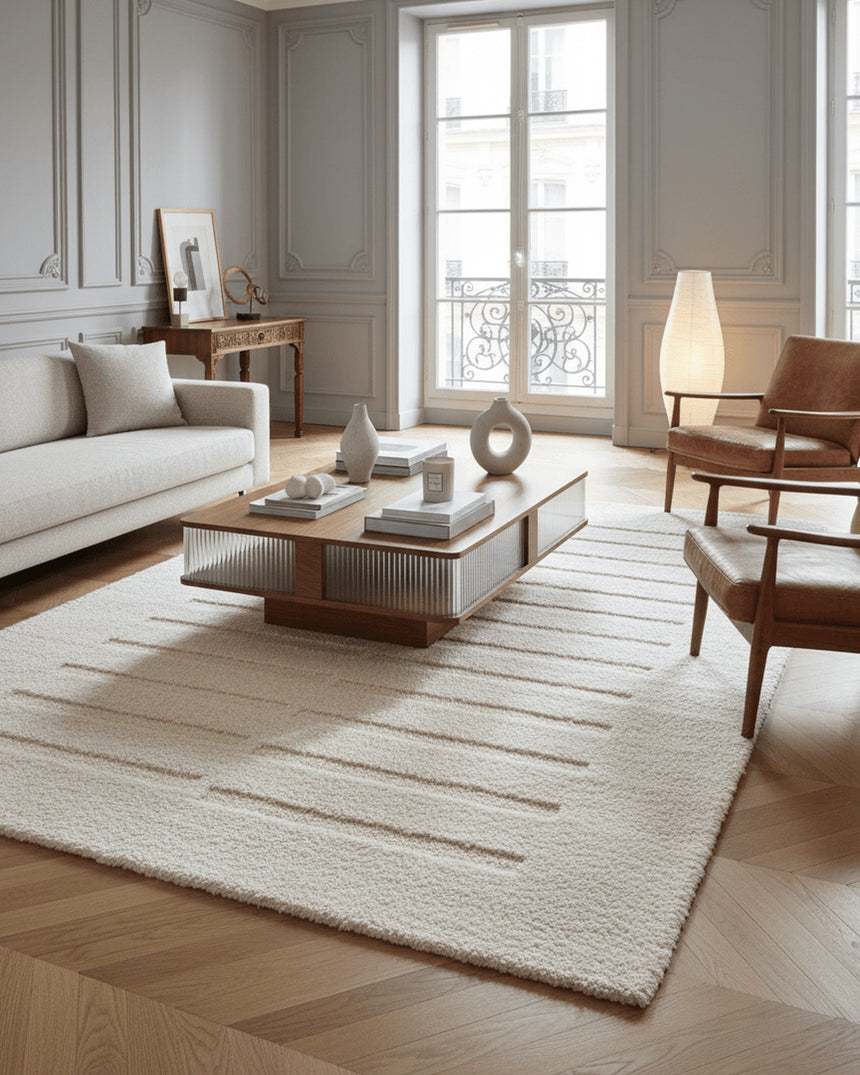 Soft and thick recycled polyester rug with a raised pattern PASSAGE