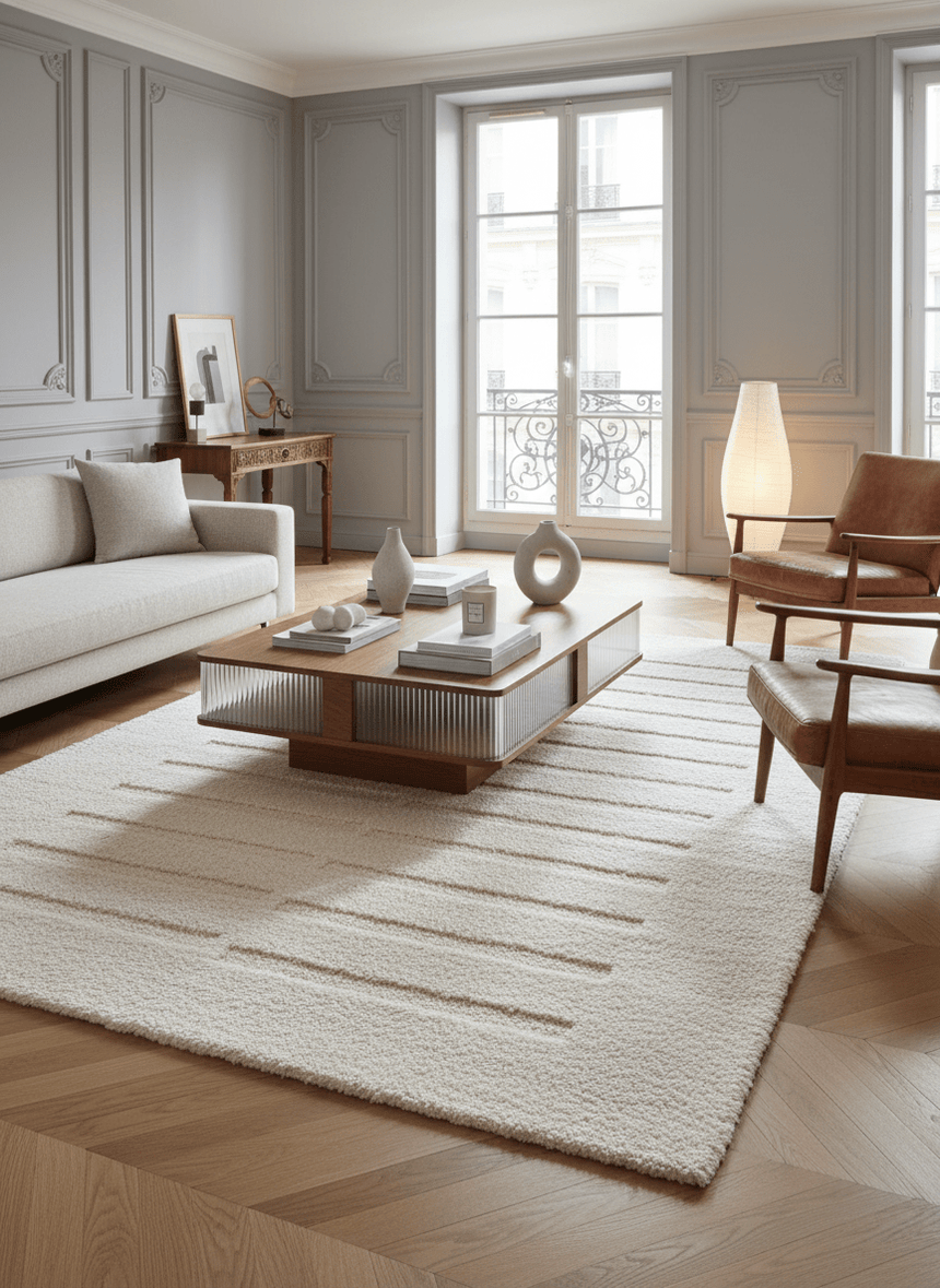 Soft and thick recycled polyester rug with a raised pattern PASSAGE