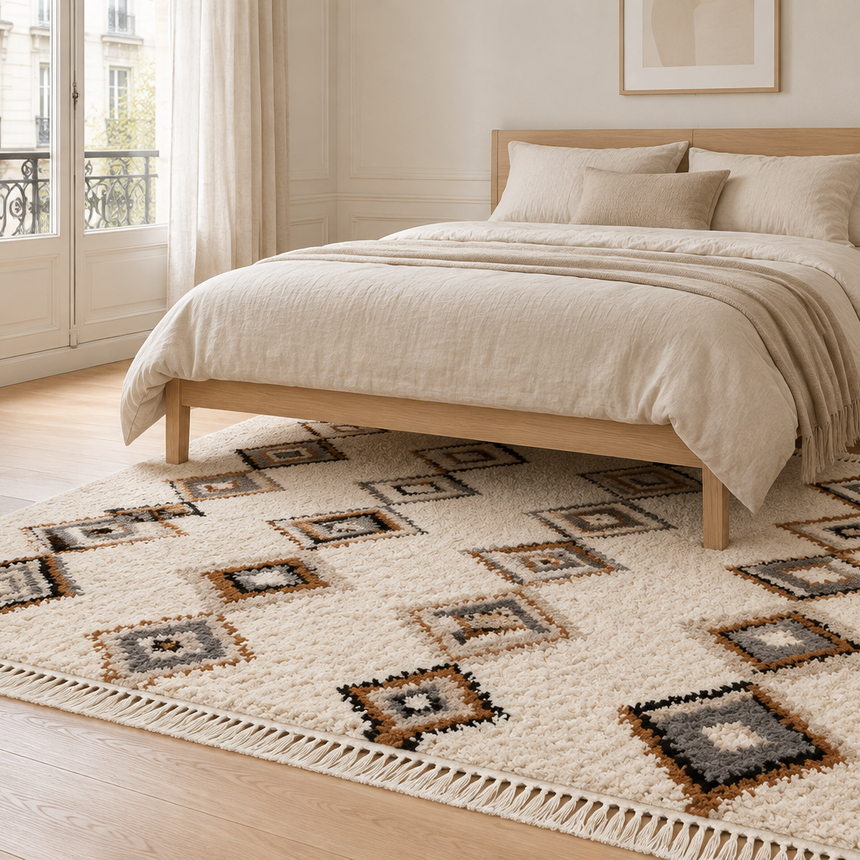 Bedouin-inspired fringed rug MAZAGAN