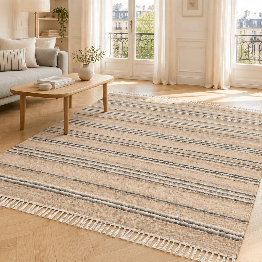 Tapis rayé fait main en laine et jute RAJ