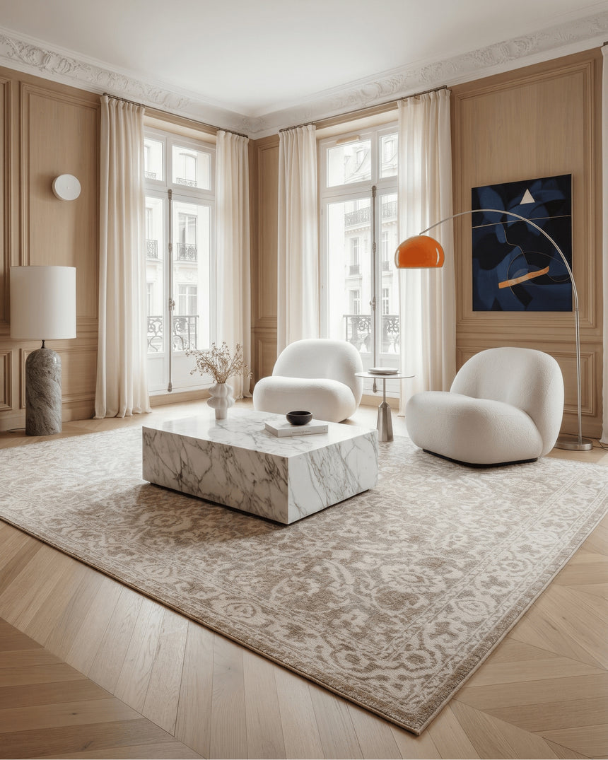 Tapis décoratif salon moderne sous table basse marbre fauteuils bouclés